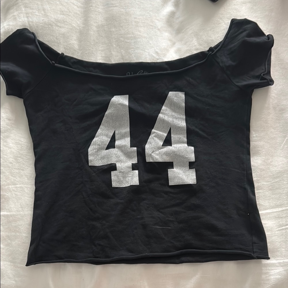 Black Off-Shoulder Top with Silver Number